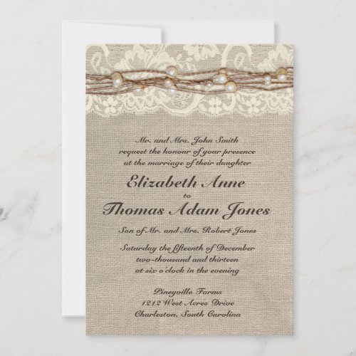 Rustic Burlap Lace Pearls Wedding Invitation