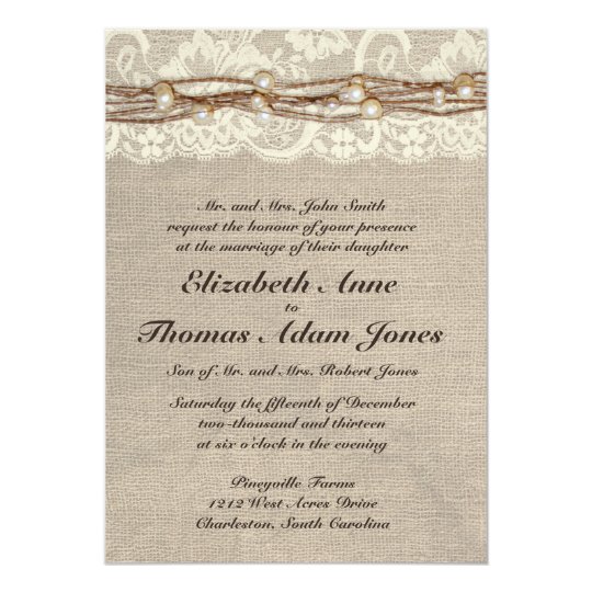 Rustic Burlap Lace Pearls Wedding Invitation | Zazzle