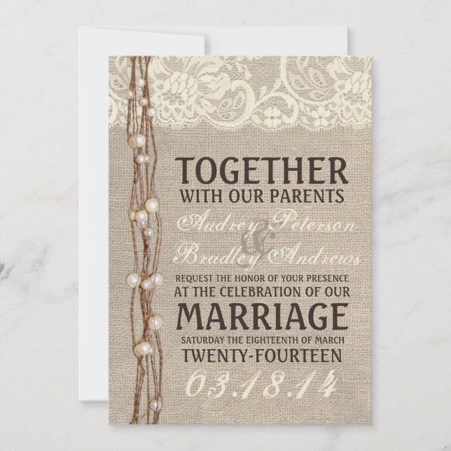 Rustic Burlap Lace Pearly Twine Wedding Invitation (Front)
