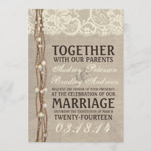 Rustic Burlap Lace Pearly Twine Wedding Invitation