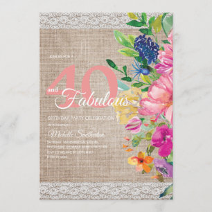 Rustic Burlap Lace Pink Blue Floral 40th Birthday Invitation