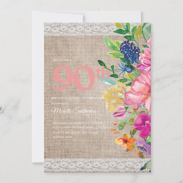 Rustic Burlap Lace Pink Blue Floral 90th Birthday Invitation (Front)