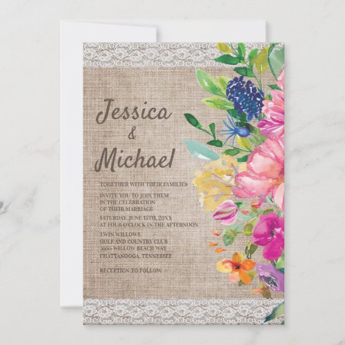 Rustic Burlap Lace Pink Blue Floral  Wedding Invitation