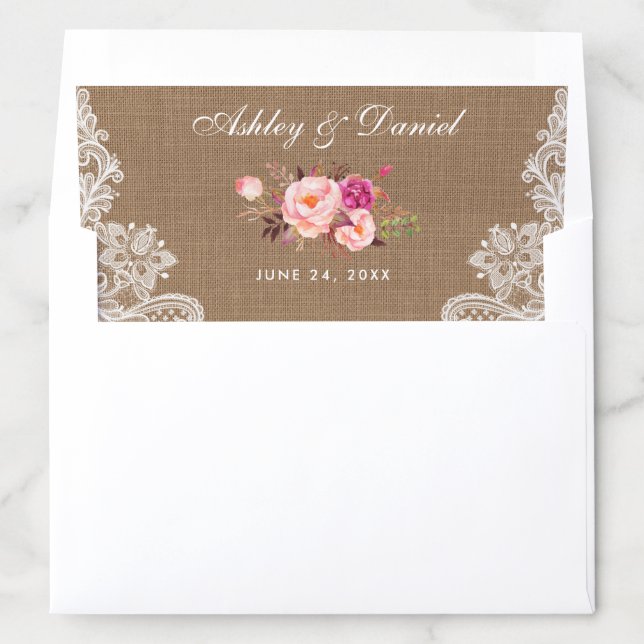 Rustic Burlap Lace Pink Blush Floral Wedding Envelope Liner (In Envelope)