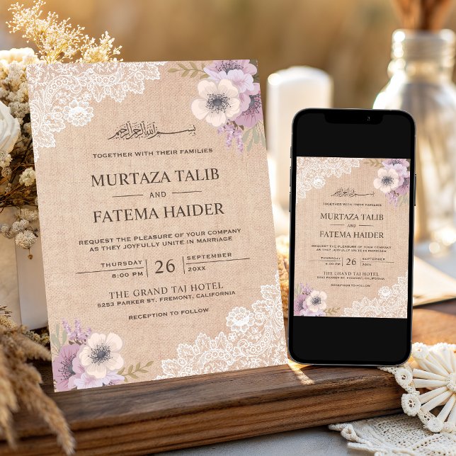 Rustic Burlap Lace Pink Floral Islamic Wedding Invitation (Creator Uploaded)