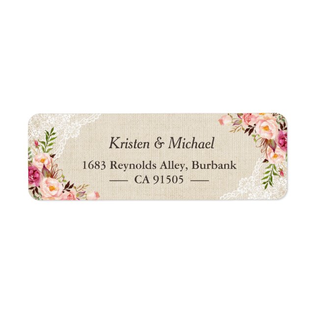 Rustic Burlap Lace Pink Floral Label (Front)