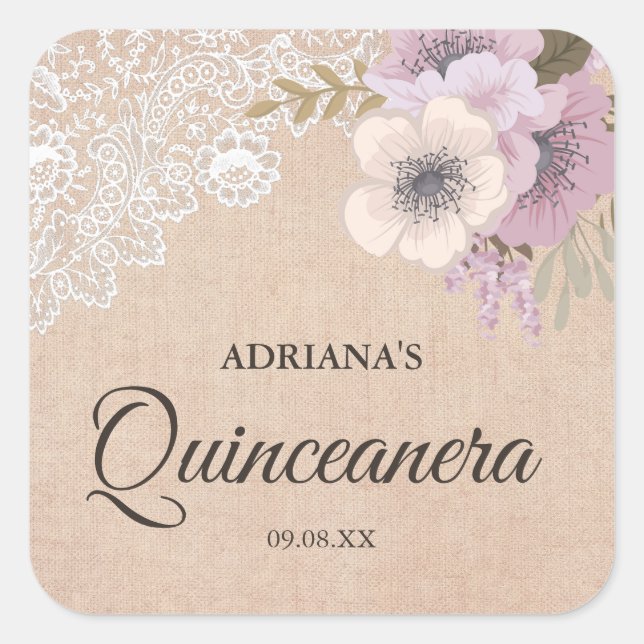 Rustic Burlap Lace Pink Floral Quinceanera Sticker (Front)