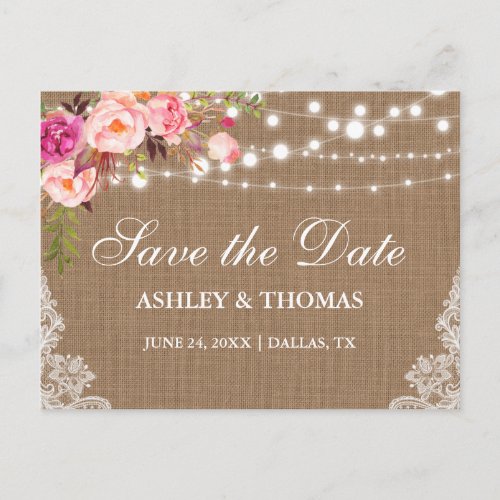 Rustic Burlap Lace Pink Floral Save the Date Announcement Postcard