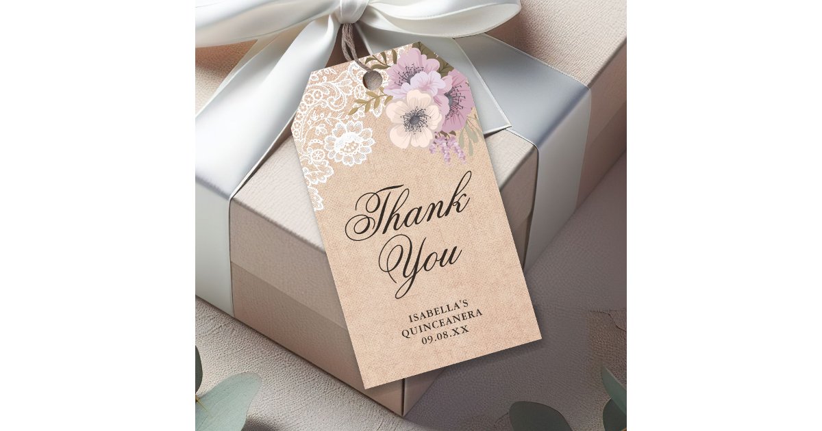 Rustic Burlap Lace Pink Floral Thank You Gift Tags | Zazzle