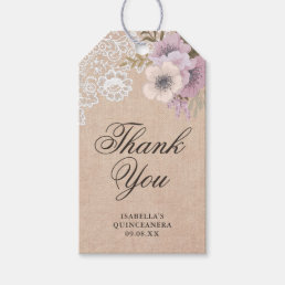 Rustic Burlap Lace Pink Floral Thank You Gift Tags