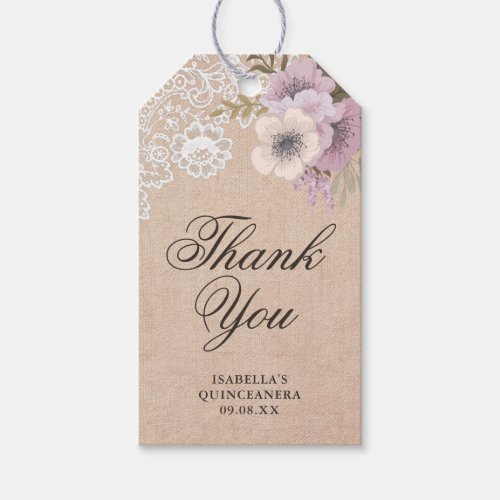 Rustic Burlap Lace Pink Floral Thank You Gift Tags