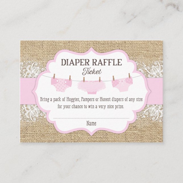 Rustic Burlap Lace Pink Girl Diaper Raffle Ticket Enclosure Card (Front)