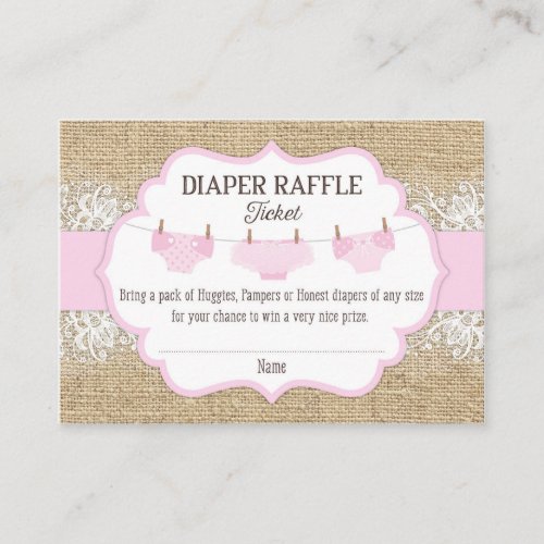 Rustic Burlap Lace Pink Girl Diaper Raffle Ticket Enclosure Card