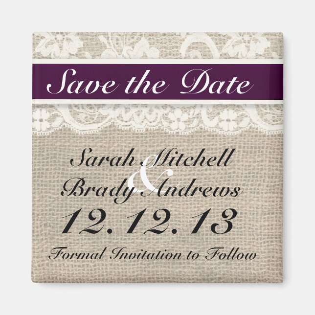 Rustic Burlap Lace Plum Save the Date Magnet (Front)