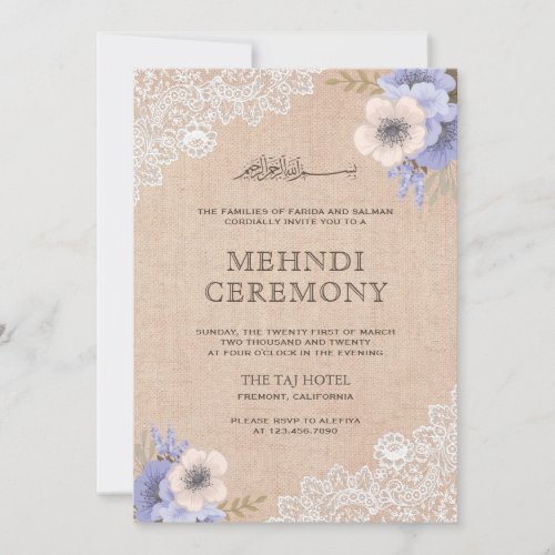 Rustic Burlap Lace Purple Floral Islamic Mehndi Invitation