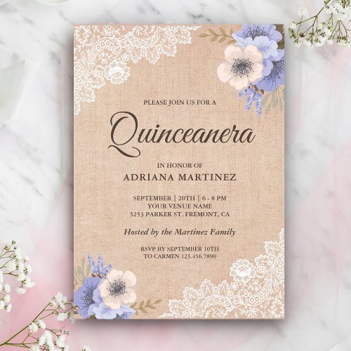 Rustic Burlap Lace Purple Floral Quinceanera Invitation