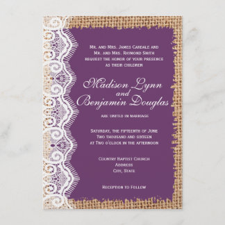 Rustic Burlap Lace Purple Wedding Invitations