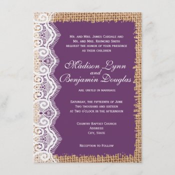 Rustic Burlap Lace Purple Wedding Invitations by CustomWeddingSets at Zazzle