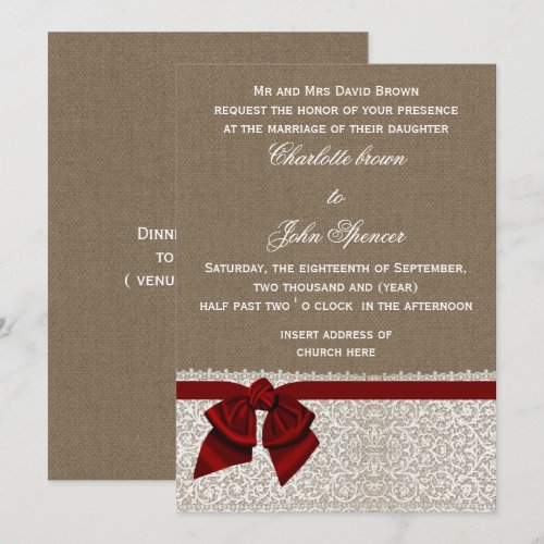 FAUX burlap, lace and red ribbon invites