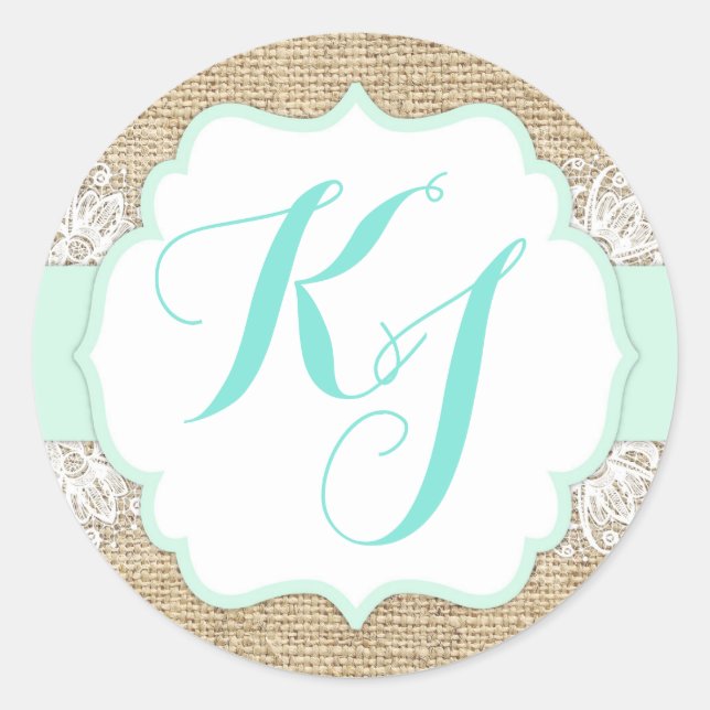 Rustic Burlap Lace Seafoam Baby Shower Monogram Classic Round Sticker (Front)