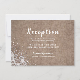 Rustic burlap lace silver glitter reception card