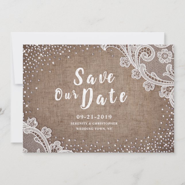 Rustic burlap lace silver glitter save the date (Front)