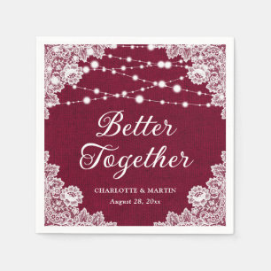 Rustic Burlap Lace String Lights Burgundy Wedding Napkins