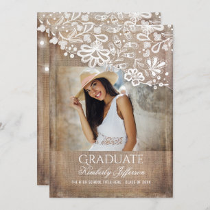 Rustic Burlap Lace String Lights Photo Graduation Invitation