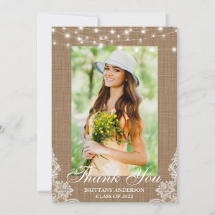 Rustic Burlap Lace String Lights Photo Graduation Thank You Card
