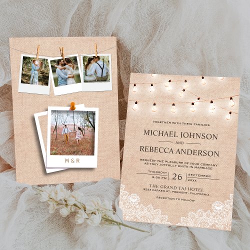 Rustic Burlap Lace String Lights Photo Wedding Invitation