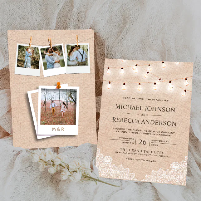 Rustic Burlap Lace String Lights Photo Wedding Invitation | Zazzle