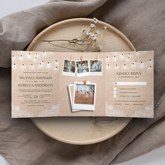 Rustic Burlap Lace String Lights Photo Wedding Tri-Fold Invitation (Creator Uploaded)