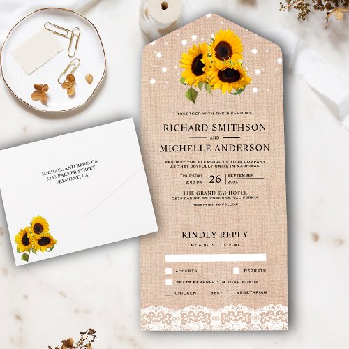 Rustic Burlap Lace String Lights Sunflower Wedding All In One Invitation