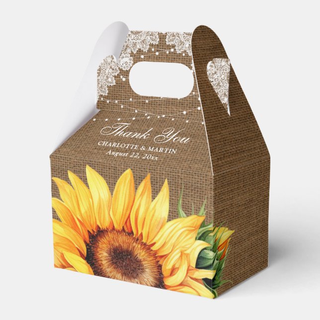Rustic Burlap Lace String Lights Sunflower Wedding Favor Boxes (Front Side)