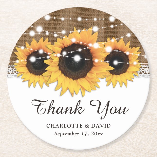 Rustic Burlap Lace String Lights Sunflower Wedding Round Paper Coaster (Front)