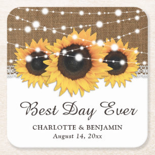 Rustic Burlap Lace String Lights Sunflower Wedding Square Paper Coaster