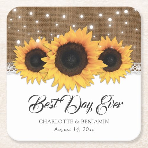 Rustic Burlap Lace String Lights Sunflower Wedding Square Paper Coaster