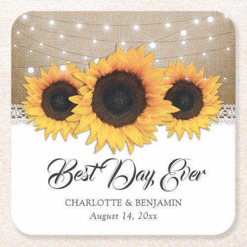 Rustic Burlap Lace String Lights Sunflower Wedding Square Paper Coaster