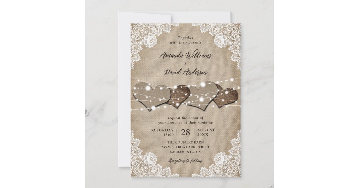 Rustic Burlap Lace String Lights Wedding Invitation | Zazzle