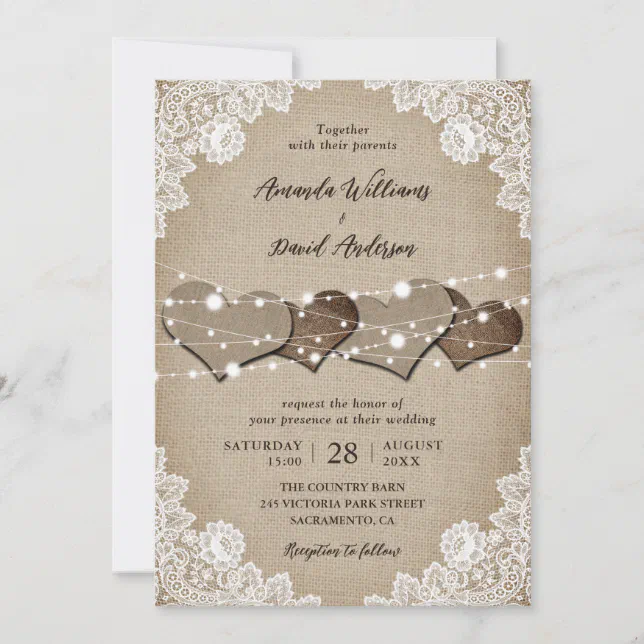 Rustic Burlap Lace String Lights Wedding Invitation | Zazzle