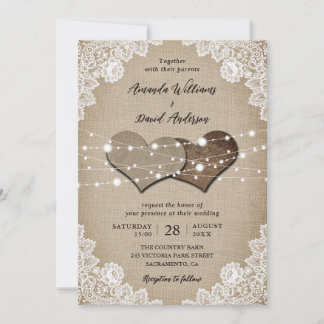 Rustic Burlap Lace String Lights Wedding Invitation