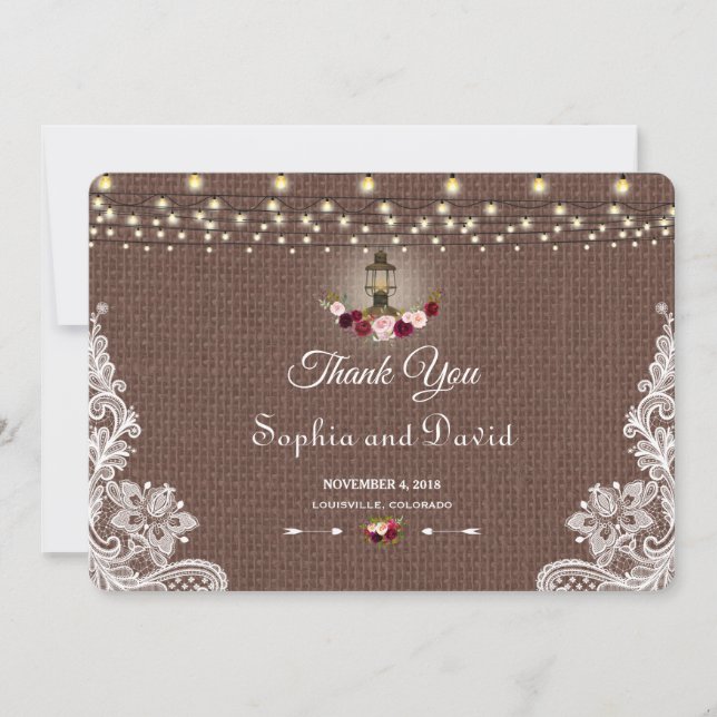 Rustic Burlap Lace String Lights Wedding Thank you Card (Front)