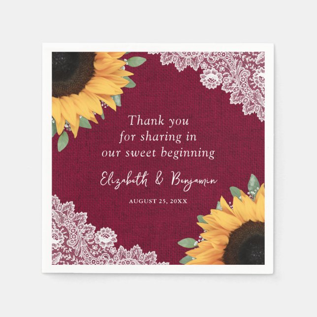 Rustic Burlap Lace Sunflower and Burgundy Wedding Napkins (Front)