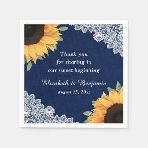 Rustic Burlap Lace Sunflower and Navy Blue Wedding Napkins