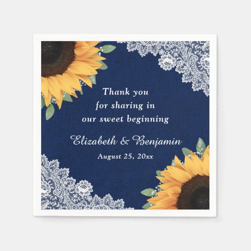 Rustic Burlap Lace Sunflower and Navy Blue Wedding Napkins