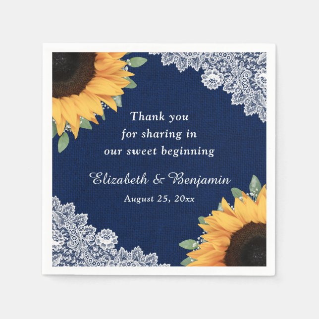 Rustic Burlap Lace Sunflower and Navy Blue Wedding Napkins (Front)