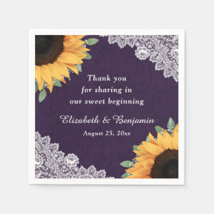 Rustic Burlap Lace Sunflower and Purple Wedding Napkins