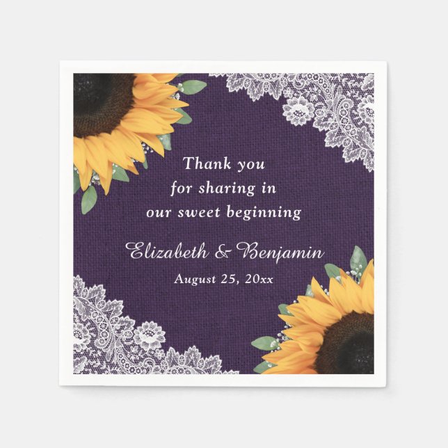 Rustic Burlap Lace Sunflower and Purple Wedding Napkins (Front)