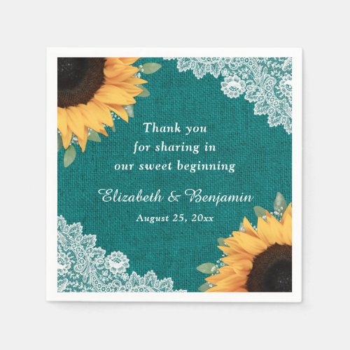 Rustic Burlap Lace Sunflower and Teal Wedding Napkins
