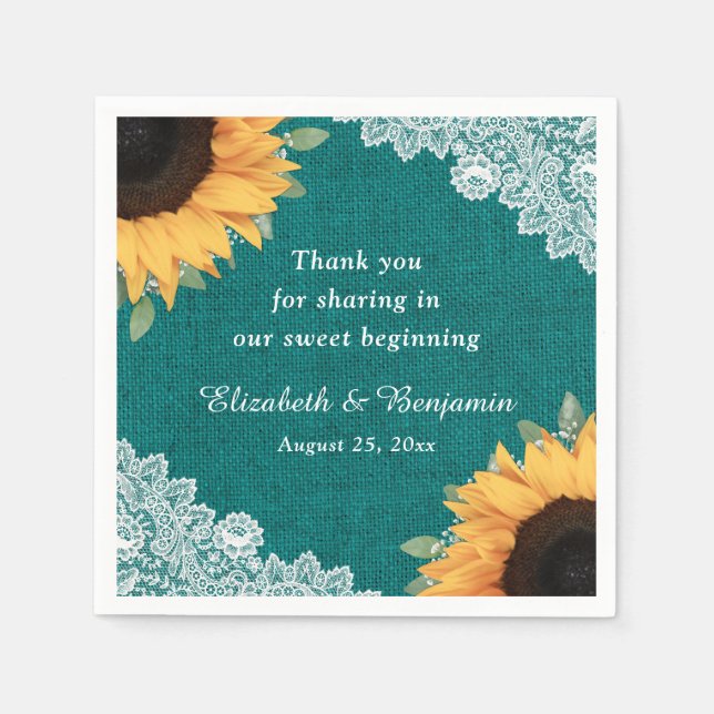 Rustic Burlap Lace Sunflower and Teal Wedding Napkins (Front)